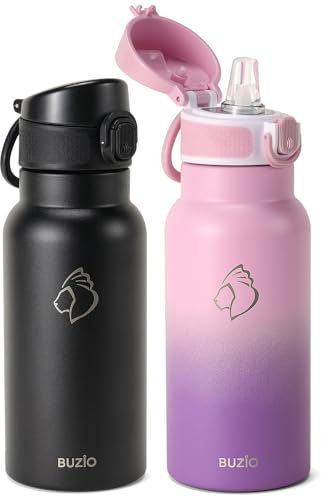 BUZIO 2 Pack Insulated Water Bottle 500ml - Stainless Steel Water Bottle with Straw for School - BPA Free - 100% Leak Poof - Lockable POPUP Lid - Toddler Water Bottle 500ml - Black&Purple