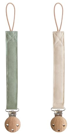 mushie Linen Baby Pacifier Clip Holder (Olive/Shifting Sand)