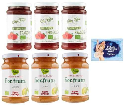 6er-Pack Testpaket Marmelade Ohi Vita Erdbeer + Rigoni di Asiago Zitronen,Cremiges Fruchtkompott,250g Glas + 1er-Pack Kostenlos Felce Azzurra Talkumpuder, 100g-Beutel