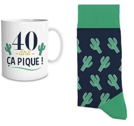 DECOHO - Coffret Mug 40 Ans Homme - Cadeau anniversaire original - Céramique et coton - Mug 33 cl + chaussettes 39-45 - Blanc