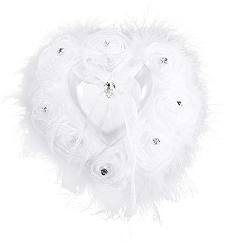 Verdant Touch Rosenringkissen mit Rosenmotiv, herzförmiges Ringkissen, Feder für Hochzeitszubehör (weiß)