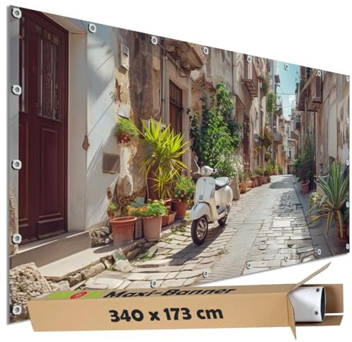 TRIOSK Große Motivplane Sichtschutz Zaunblende mit Motiv Dorfgasse Italien Mediterran Motivbanner Garten Deko Plane Blickdicht für Zaun Terrasse Gartenzaun Zaunplane PVC 340x173 cm