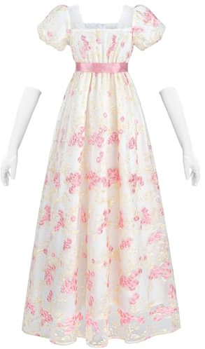 Fiamll Robe de bal Regency pour femme - Taille empire - Robe de bal - Costume Renaissance cottagecore avec gants, Rose, S