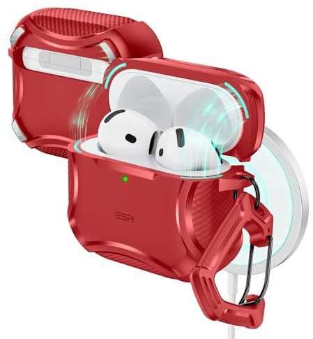 ESR für AirPods 4 Hülle, kompatibel mit AirPods Hülle 4. Generation (2024), Unterstützt kabelloses Laden, Starker Sturzschutz, Magnetischer Deckel, Cyber Serie, Rot
