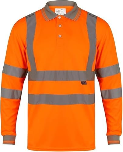 KARKARM Men Hi Vis High Visibility Long Sleeve Polo Shirts Work Wear Reflective Tape Security Breathable Lightweight Safety Tops Orange