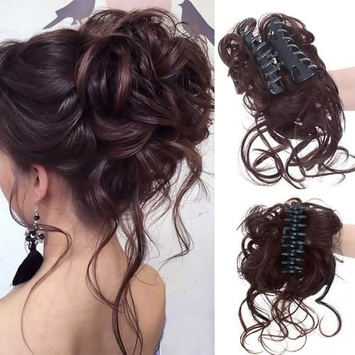 HSAJS Pince Cheveux Postiche Chignon Synthétique Perruque Tousled Updo Désordonné Extension Naturel Queue de Cheval Postiche Synthétique pour Les Femmes(Marron foncé)