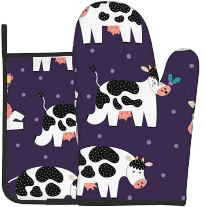 Ensemble de Gants de Cuisine et de maniques, Gant de Cuisine et manique 2 pièces pour la Cuisine et la pâtisserie, Ferme drôle de Vaches drôles