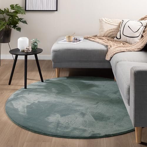Flauschiger Teppich Rund - Cozy Grün - Polyester - Kurzflor - Einfarbig - Waschbar in Waschmaschine - Modern - Wohnzimmer, Esszimmer, Kinderzimmer, Schlafzimmer - Carpet