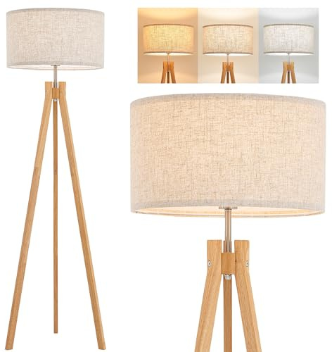 ELYONA Stehlampe Holz Dreibein mit Tisch, Skandinavische Massivholz Standleuchte mit Leinen-Schirm, Moderne Tripod Lampe mit Ablage für Wohnzimmer & Schlafzimmer, Inkl. 3-Farben LED, Natur
