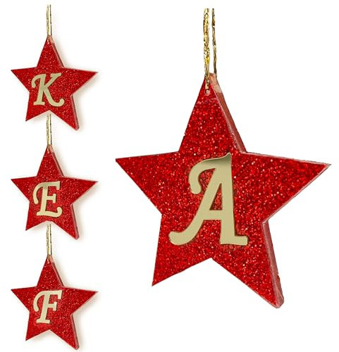 Christmas Initial Acrylic Ornaments - 12x12cm - Personalized Xmas Star Glitter Hanging Baubles for Christma Tree Decorations (Initial #A)
