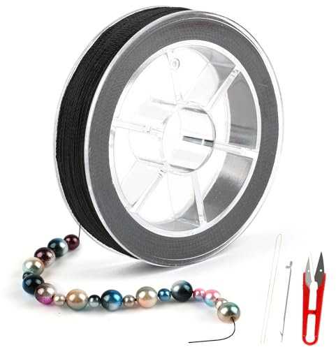 Deepton Fil ciré pour bracelets, 0,4 mm x 100 m, cordon de perles avec ciseaux, crochet et aiguille, fil pour bracelets, fabrication de bijoux, bricolage (noir)