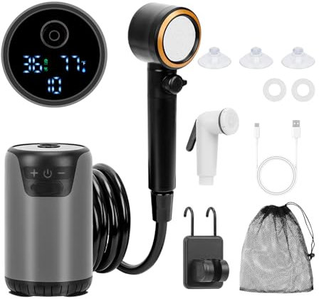 NOVCAPAR Douche portable pour camping, pompe de douche rechargeable 8000 mAh avec écran LED et étanchéité IPX8 – Douche électrique haute pression d'extérieur pour randonnée, lavage de voiture, bain