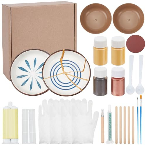 WEBEEDY 4 Colors Kintsugi Repair Kit 27 Pcs Japanese Gold Repair Kit for Beginners,Food Safety Quickly Repair Your Precious and Meaningful Pottery Ceramic Mug Bowl Glass DIY Kits and Gift Sets