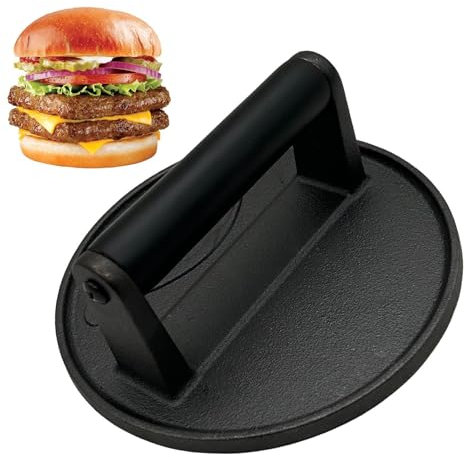 Smash Burger Press - Grill in ghisa Rotonda con Manico Resistente al Calore | Pancetta Pesante, Bistecca e pressa Sandwich per Griglie e grigliate Piatte | Strumento di Cottura del Barbecue Anche per
