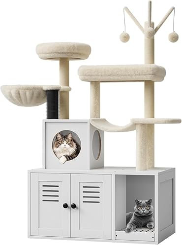 Arbre à Chat avec litière, Meuble Litiere Chat 140cm, Moderne Arbre Chats avec Kit Anti-Bascule, avec 2 Grandes Plateformes, 2 Armoires Cachées et des Balles Suspendues, Blanc