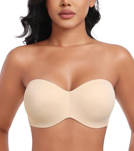 Lemorosy Women's Seamless Strapless Bra Non Padded Anti-Slip Plus Size Bandeau Underwire(Beige,38B)