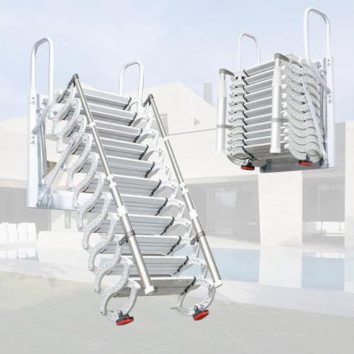 Wall Mounted Attic Ladder, Folding Pull Down Attic Stairs, Retractable Staircase with 2 Handrails, Non-slip Treads, For Home Indoor Outdoor Attic Steps,002,2.9~3.2m