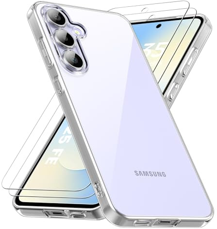 caslord Hülle Kompatibel mit Samsung Galaxy S25 FE 5G, 1 Handyhülle mit 2 Stück Hartglas, Weiche TPU Transparent Stoßfest Schutzhülle Durchsichtige Kratzfest Handyhülle Case Cover