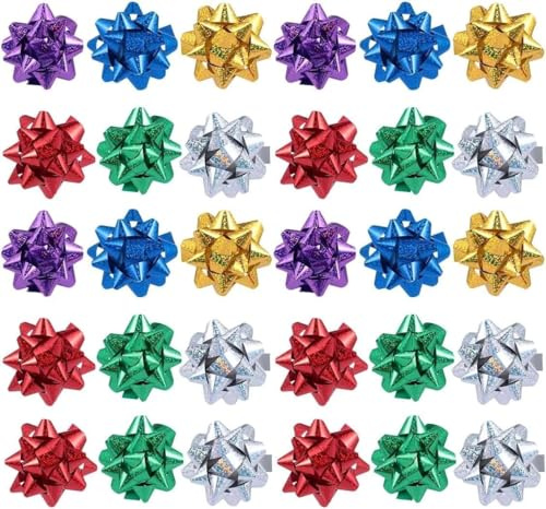 50 Pcs Colorful 1 Inch Gift Bows Mini Christmas Bows Metallic Star Bows Party Gifts Wrapping Bows Adhesive Holiday Presents Bows for Valentine's Day, Gift Wrapping Supplies