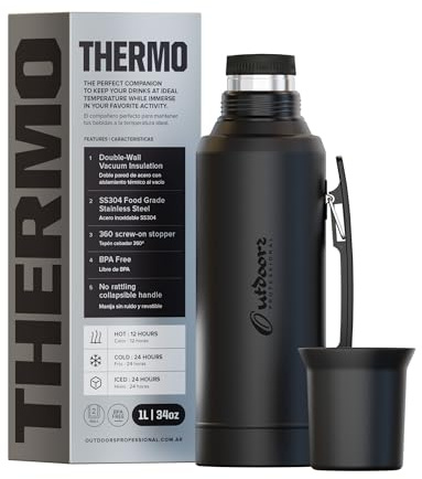 Vacuum Insulated Thermo, Stainless Steel Water-Coffee-Mate Flask 34oz - 1Lt