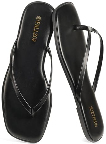 Fallzor Tong Femme Noir Cuir Bout Carré Sandales Femme Été Mode Élégante | Nu pieds femme été confortables avec semelle plate, idéales pour intérieur extérieur. Style chic pour vos journées estivales.