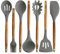 Silicone Cooking Utensils | Wooden Handle, Non-Stick Cookware Heat Resistant Kitchen Utensil Spatula, Slotted & Solid Spoon, Soup Ladle, Slotted Turner and Spaghetti Server,| Acacia Wood - Dark Gray