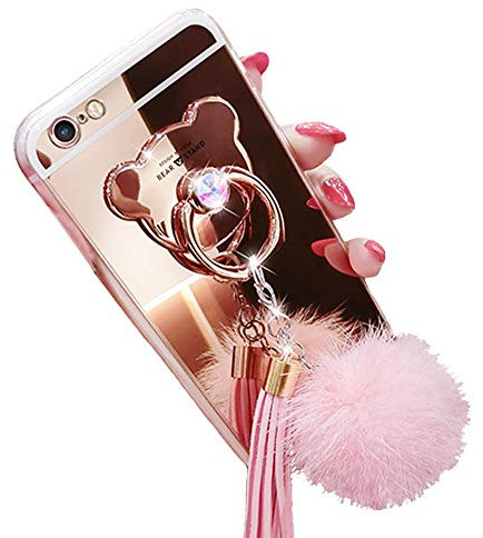 BlackLemon Case Compatible for iPhone Xs Max 6.5 Inch, Fur Ball Soft Rubber Bumper Bling Diamond Glitter Mirror Makeup Case with Bear Ring Stand Holder for Girls (Pink, iPhone Xs Max)