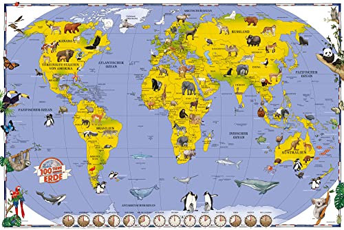 Landkarten Kinderweltkarte 100 Tiere unserer Erde Lernposter Druck 91,5x61 cm