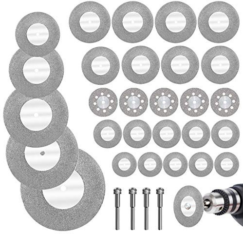 KINDPMA 32pcs Diamond Cutting Disc Glass Cutting Disc with Mandrels 16/20/22/25/30/40/50/60mm Rotary Tool Cutting Disc Mini Cutting Discs for Rotary Tool Wood Glass Plastic Stone Metal