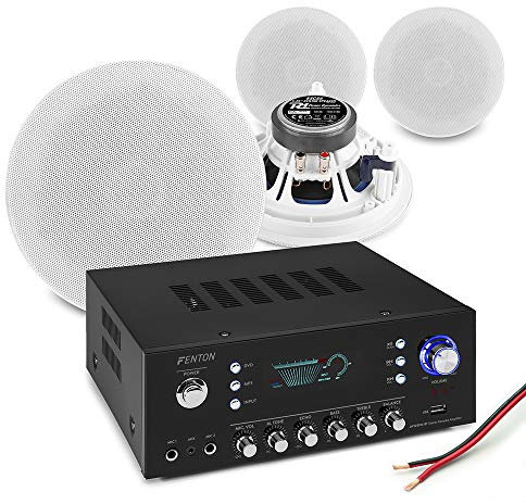 Power Dynamics 4x 5.25 Ceiling Speaker System with Bluetooth Amplifier - Low Profile HiFi Home Audio Installation Kit, FM Radio, USB, Karaoke Mic Inputs, Easy-Fit 160W Stereo Sound