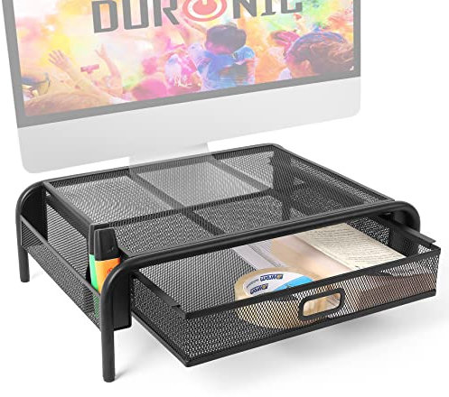 Duronic Monitor Stand Riser with Drawer DM072 | Laptop and Screen Platform for Desktop | Metal Support for PC Computer Monitor | Ergonomic Office Desk Shelf | 10kg Capacity | Black | 33x26cm