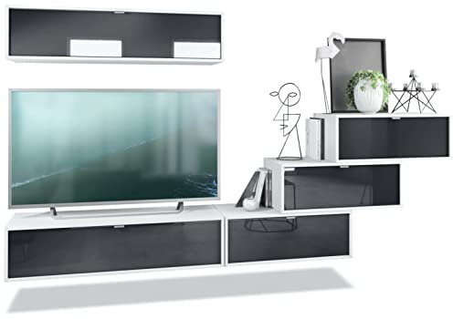 Vladon Wohnwand Lana V1 Anbauwand aus 5 Hängeelementen mit 12 Fächern, Made in Germany, Korpus in Weiß matt, Fronten in Schwarz Hochglanz | Große Farbauswahl