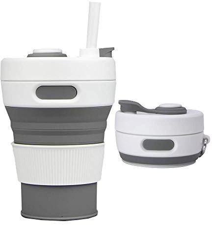 UNNESTAR Tazza da campeggio pieghevole con paglia in silicone pieghevole tazza di caffè bottiglia d'acqua portatile da viaggio auto all'aperto 450ml