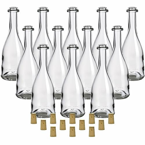 gouveo Lot de 12 bouteilles en verre 200 ml « Rustica » avec bouchons (SK) - Petites bouteilles en liège en verre - Bouteille design pour remplir liqueur, vin, huile (RFR200SK)