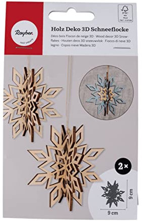 Rayher 3D-Schneeflocken Holz, FSC zertifiziert, natur, 2 Stück, 9 cm ø, 4-teiliges Holz-Set + Kordel, Weihnachtsdekoration, Christbaumschmuck, Dekohänger Weihnachten, 46668505