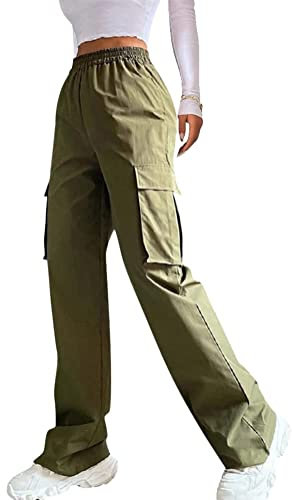 seiveini Cargohose Damen Baggy Y2K Oversized Cargo Hosen Weit Bein Low Waist Jeans Vintage 90er Hosen Lang mit Gürtel Teenager Mädchen Freizeithose Streetwear Aesthetic A Armeegrün S