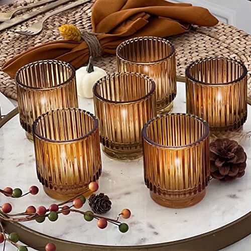 Kate Aspen Lot de 6 photophores Vintage en Verre ambré nervuré - Décoration d'automne, décoration bohème, décoration d'étagère (27206AB)