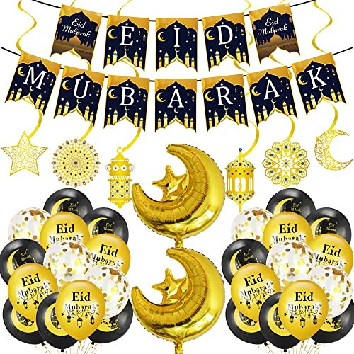 Eid Mubarak Party Dekoration Set 41Pcs Ramadan Mubarak Banner Star Moon Folienballons Schwarz Gold Latex Balloons Konfetti Balloons and Hängend Wirbel for Eid Mubarak Themed Party