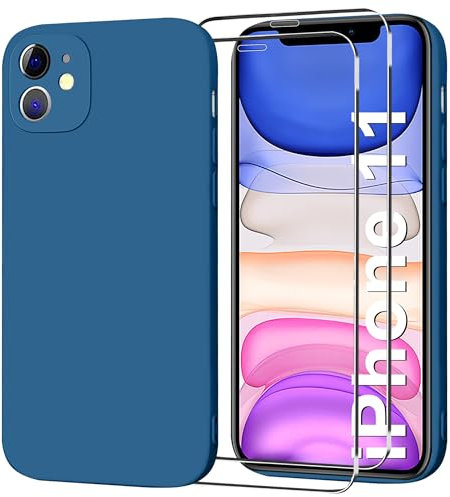 For iPhone 11 Case with Screen Protector Tempered Glass (2 Pack),iPhone11 Silicone Phone Case,Shockproof Cover with Soft Anti-Scratch Microfiber Lining,[Full Body Protective],6.1 inch,Navy Blue