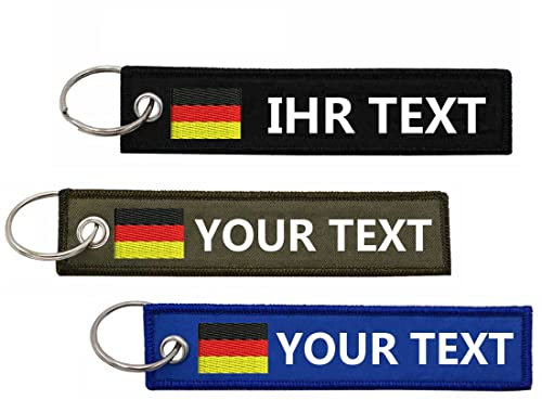 Generic Personalisierte Schlüsselanhänger, Customize Text Tag Doppelseitige Deutschland Flagge Stickerei für Motorräder Autos ATV Roller, Geschenk Stickerei Schlüsselring (2-teilig)