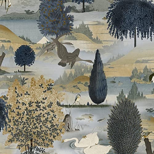 Swan Lake Navy Ochre Wallpaper - Floral Trees Wildlife Nature Scenic - Modern Contemporary Feature Wall