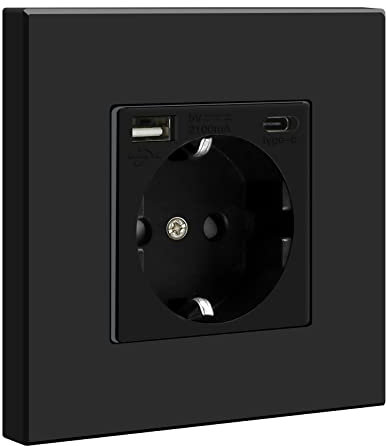 BSEED Enchufe de pared con 1 USB y 1 Tipo C,Negro 16Amp Schuko Enchufe Simple on Panel de Plastico,toma de corriente con 2 x cargadores USB(Max. 2.1A) y Typ C adecuado para Smartphone MP3 Tablet