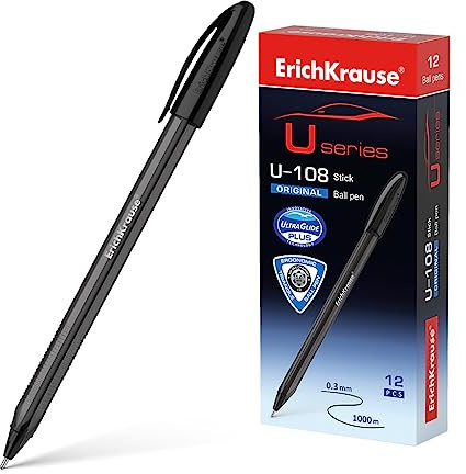 Erich Krause Kugelschreiber 0,3mm 12er Pack Schwarz - einfaches und weiches Schreiben - schlanke Form & transparent - Kulis & Schreibtischzubehör - U-108 Original