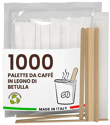 1000 Palette Caffè Monouso in Legno di Betulla, Imbustate Singolarmente, Biodegradabili e Compostabili, Resistenti al Calore per Mescolare Caffè e Bevande - Made in Italy