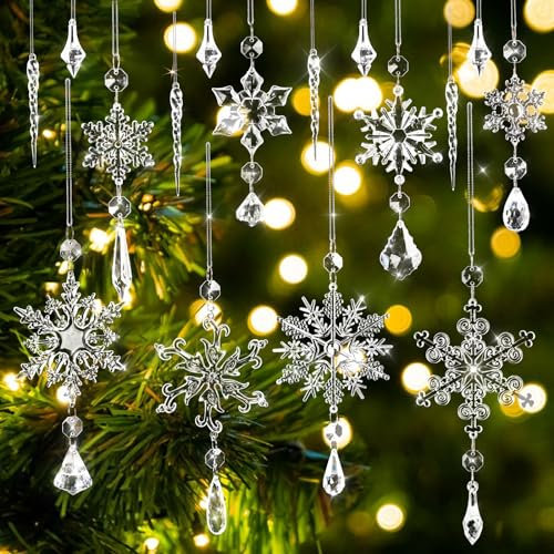UPINS Weihnachten Schneeflocken Deko, 16 Stück Weihnachten Kristall Schneeflocken Deko Acryl Ornamente Deko Kristall Anhänger Weihnachtsbaumschmuck für Weihnachten Deko