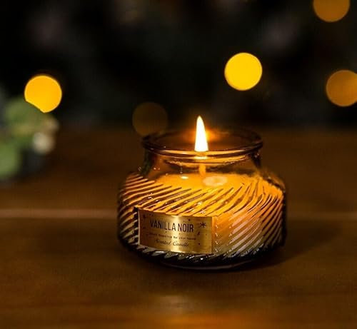 Marco Paul Christmas Christmas Green Candle Pot Ribbed Fragranced with Vanilla Noir Indoor Xmas Decorations, Candle Holders Home Decor Xmas Stocking Filler - 8cm