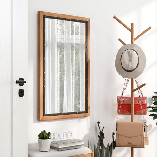 RELAX4LIFE Rechteckiger Wandspiegel mit Holzrahmen Dekospiegel Badspiegel zum Aufhängen für Badezimmer Schlafzimmer Wohnzimmer Flur 90 x 55 cm Natur