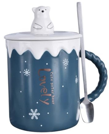 VINTORKY 1ensemble Tasse Céramique Ours Polaire Avec Couvercle Et Cuillère Mug Adorable Pour Café Thé Lait Et Boissons Chaudes Pour Maison Bureau Et Cafés