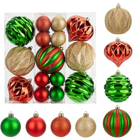 Hollyone 10CM 5CM Large Christmas Bauble Set, 23PCS Green Red Gold Xmas Balls for Christmas Tree Decorations, Shatterproof Christmas Ball Ornament, Giant Xmas Balls for Wedding, Party, Wreath