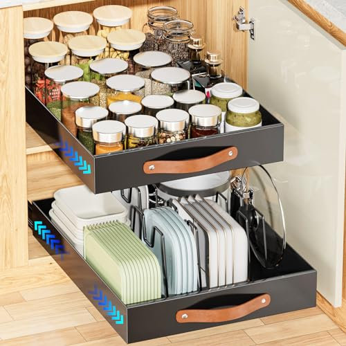 OVICAR Pull Out Cabinet Organizer - Adhesive Slide Out Drawer - 13.8 W x 16.3 D Heavy Duty Sliding Pantry Shelves Storage Drawers with 4pcs Divider Racks for Kitchen Bathroom Home, Black